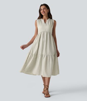 Vestido midi a rayas sin mangas con escote en V y sujetador integrado Vestido midi a rayas sin mangas con escote en V y sujetador integrado