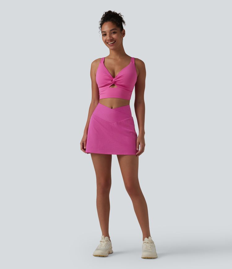 Crossover High Waisted 2-in-1 Mini A-line Stripes Quick Dry Tennis Skirt with Pockets-UPF40+