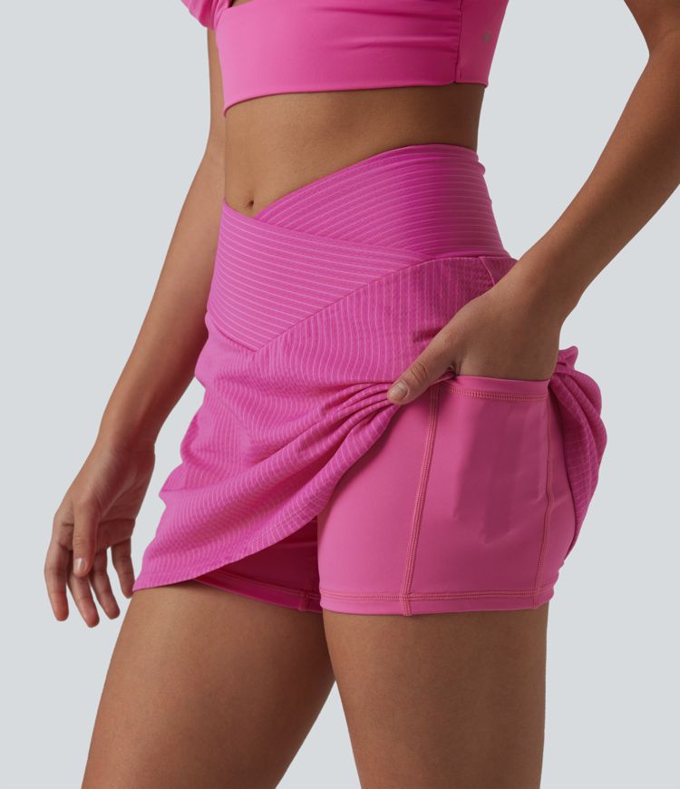 Crossover High Waisted 2-in-1 Mini A-line Stripes Quick Dry Tennis Skirt with Pockets-UPF40+