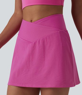 Crossover High Waisted 2-in-1 Mini A-line Stripes Quick Dry Tennis Skirt with Pockets-UPF40+