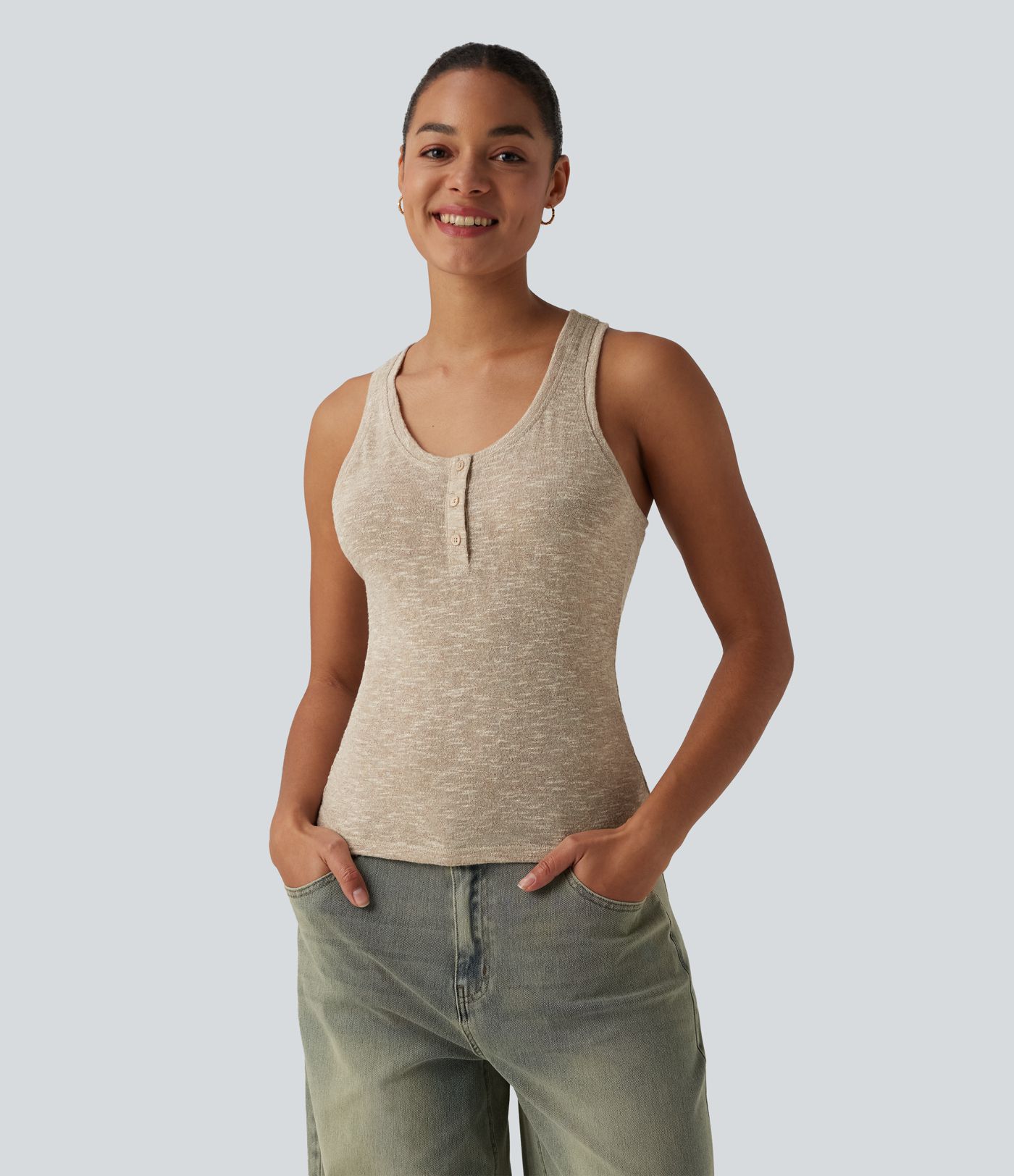 Semi Sheer Heathered Henley Racerback Casual Tank Top