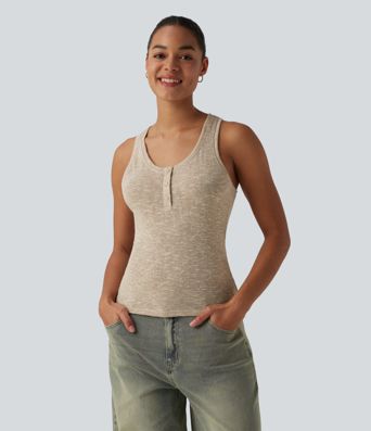 Semi Sheer Heathered Henley Racerback Casual Tank Top