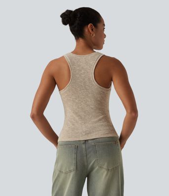 Semi Sheer Heathered Henley Racerback Casual Tank Top
