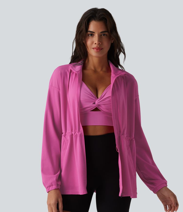 Long Sleeve Inner Drawstring Stripes Quick Dry Workout Jacket-UPF40+