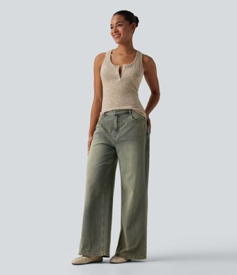 Semi Sheer Heathered Henley Racerback Casual Tank Top