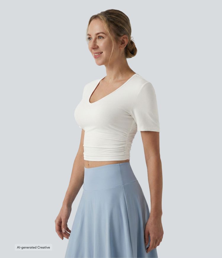 V Neck Short Sleeve Cropped Casual T-Shirt V Neck Short Sleeve Cropped Casual T-Shirt