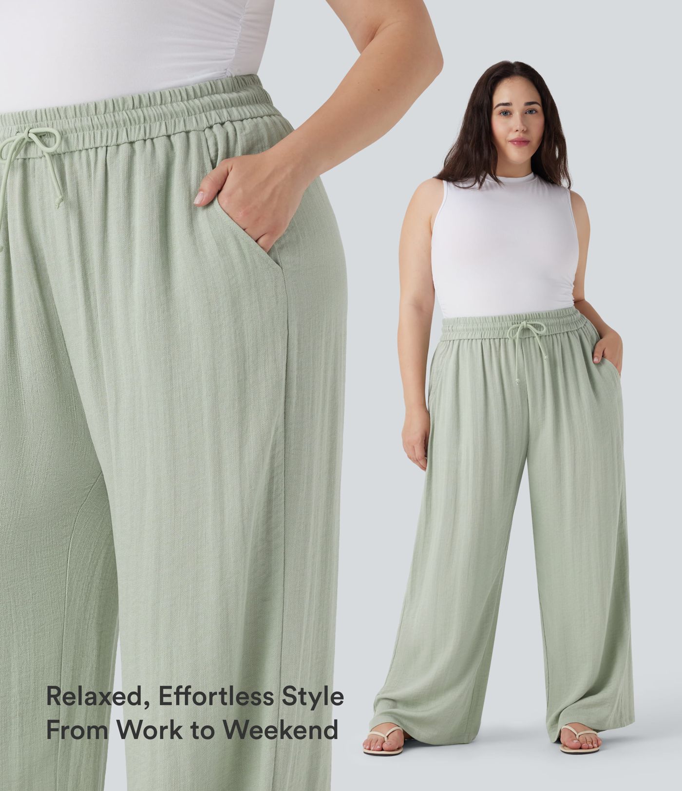 High Waisted Drawstring Linen-Feel Wide Leg Casual Plus Size Trousers with Pockets High Waisted Drawstring Linen-Feel Wide Leg Casual Plus Size Trousers with Pockets