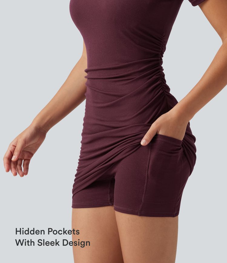 Ribbed One Shoulder Built-in Bra Short Sleeve Bodycon 2-in-1 Mini Casual Dress with Pockets-Easy Peezy Edition B-D Cups