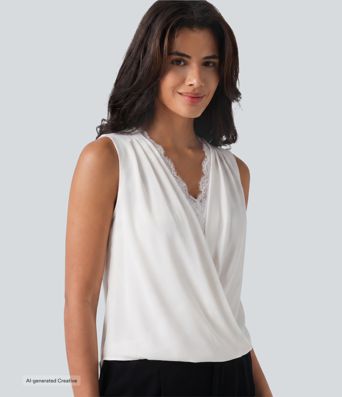 Wrinkle Recovery V Neck Contrast Lace Ruched Sleeveless Work Blouse Wrinkle Recovery V Neck Contrast Lace Ruched Sleeveless Work Blouse