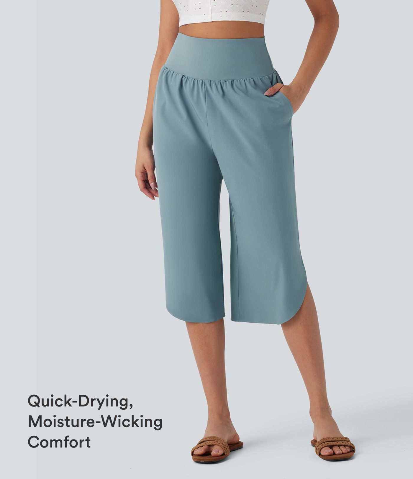 Breezeful™ High Waisted Tummy Control Hem Quick Dry Capri Trousers with Pockets