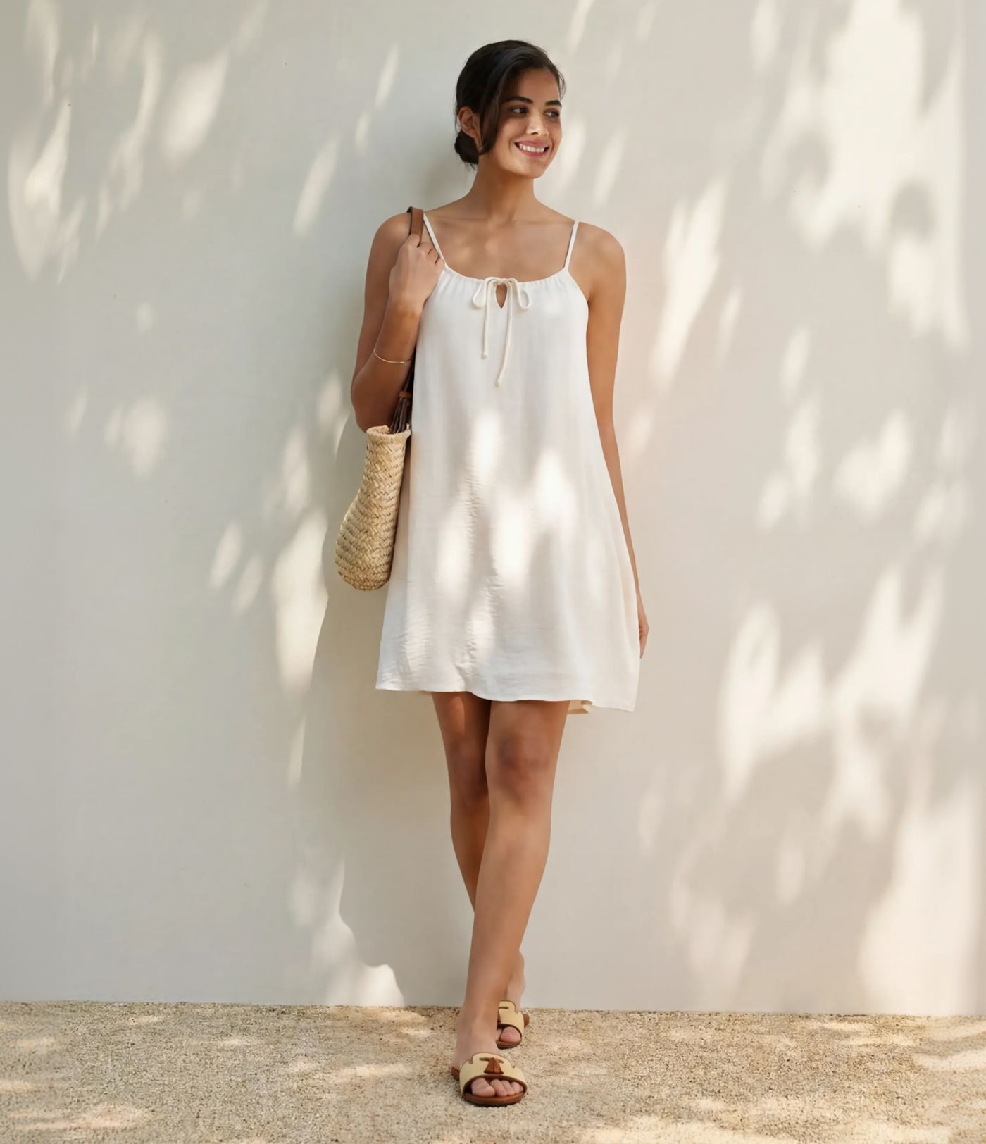 Mini robe nuisette à lacets effet lin avec poches Mini robe nuisette à lacets effet lin avec poches