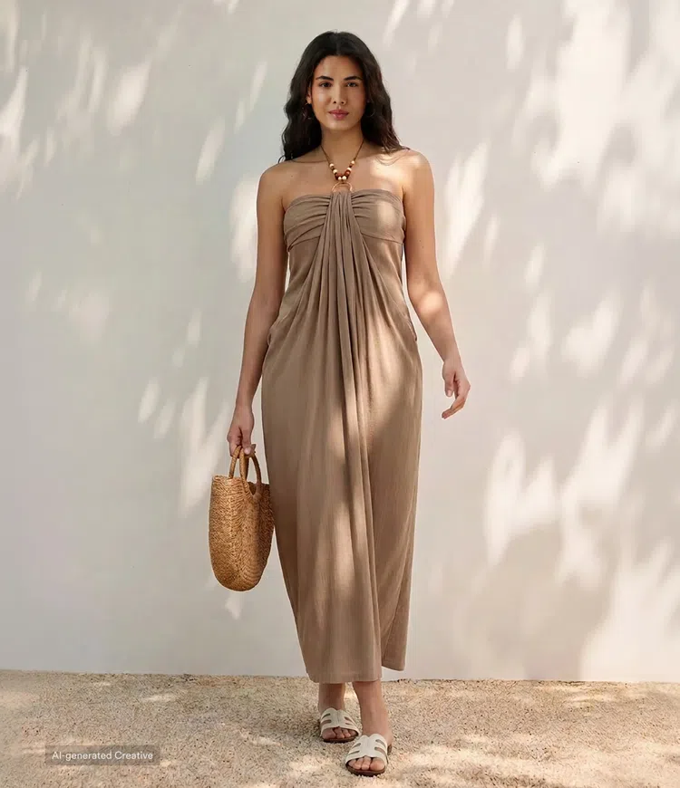 Halter Tie Back Built-in Bra Maxi Resort Linen-Feel Dress with Pockets