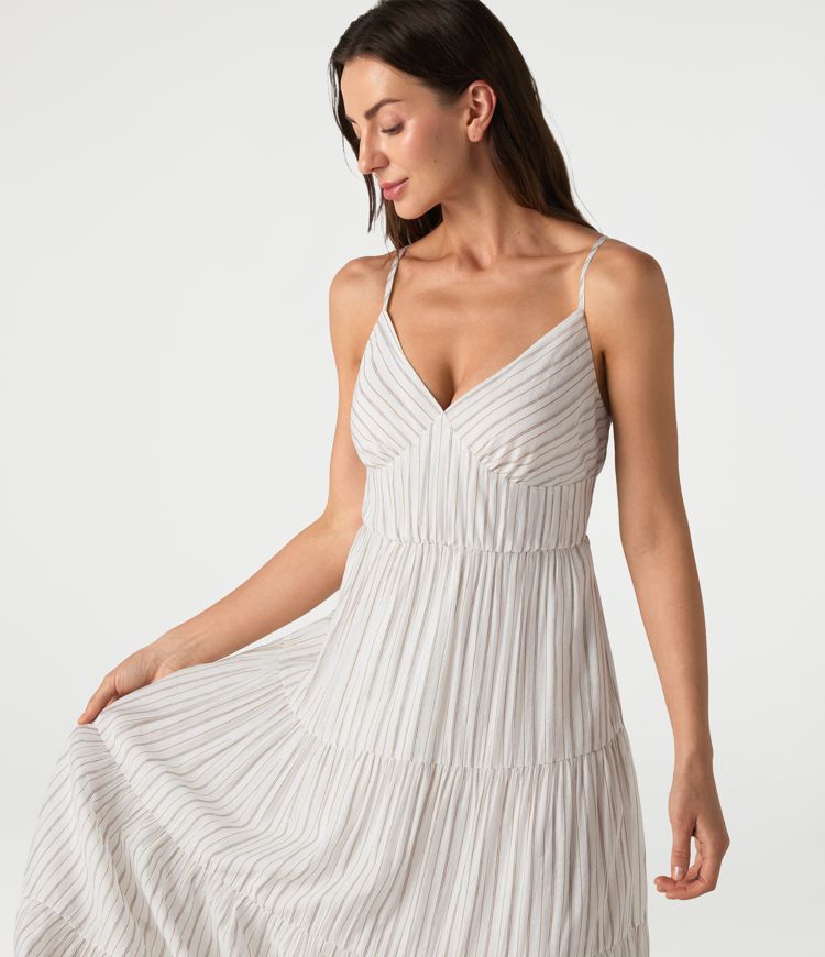 Gestreiftes, fließendes Maxikleid mit V-Ausschnitt und Schnürung