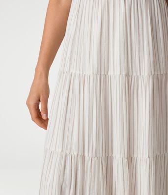 Gestreiftes, fließendes Maxikleid mit V-Ausschnitt und Schnürung