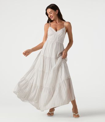 Gestreiftes, fließendes Maxikleid mit V-Ausschnitt und Schnürung
