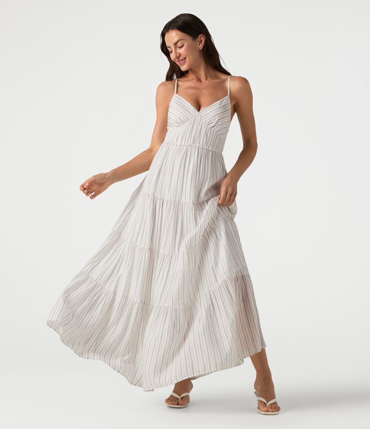 Gestreiftes, fließendes Maxikleid mit V-Ausschnitt und Schnürung