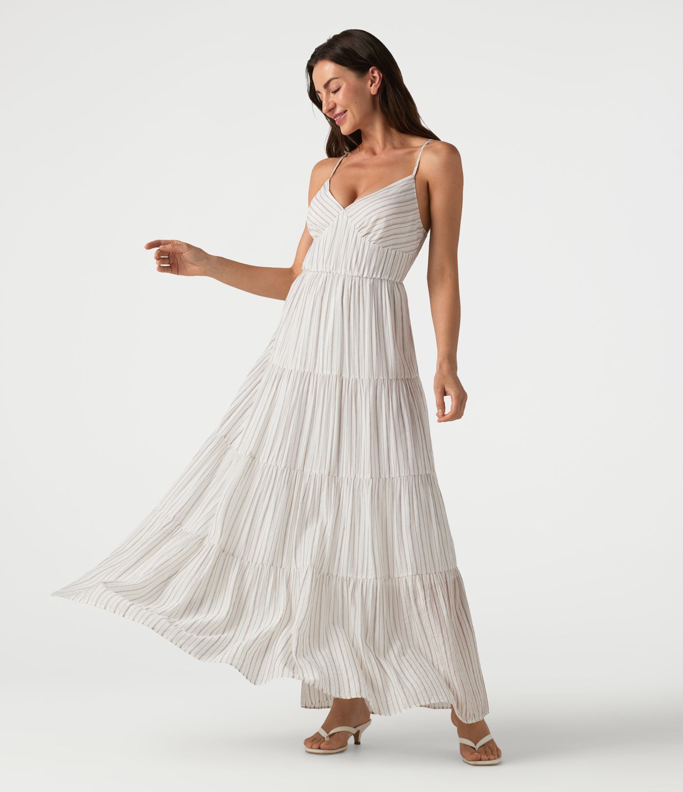 Gestreiftes, fließendes Maxikleid mit V-Ausschnitt und Schnürung