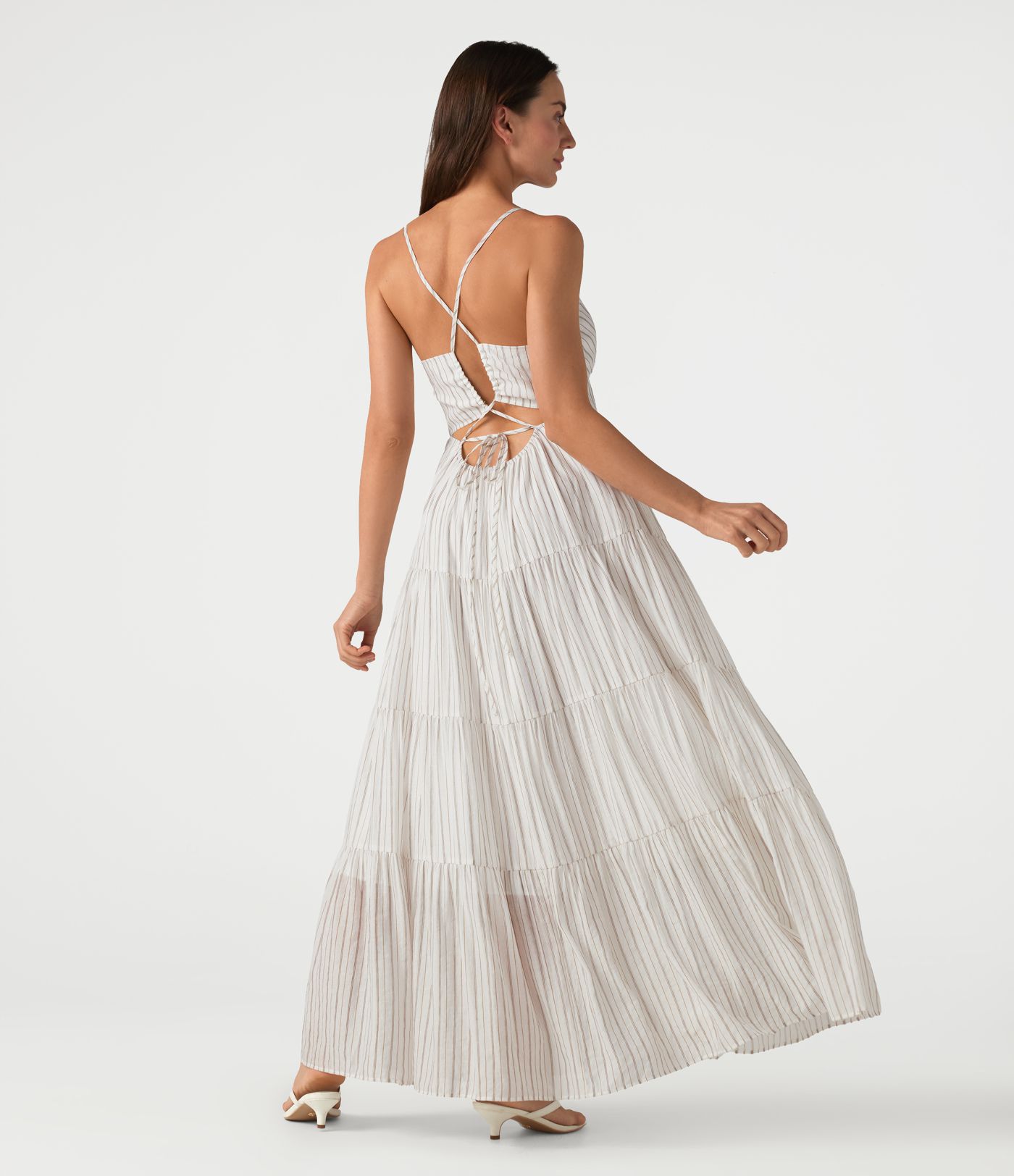 Gestreiftes, fließendes Maxikleid mit V-Ausschnitt und Schnürung
