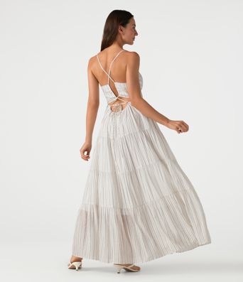 Gestreiftes, fließendes Maxikleid mit V-Ausschnitt und Schnürung