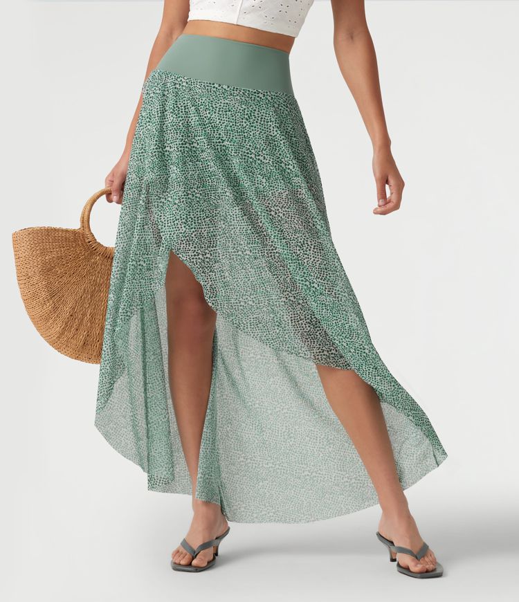 High Waisted High Low Ruffle 2-in-1 Leopard Print Mesh Maxi Skirt High Waisted High Low Ruffle 2-in-1 Leopard Print Mesh Maxi Skirt