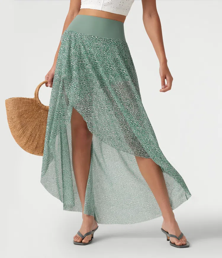 High Waisted High Low Ruffle 2-in-1 Leopard Print Mesh Maxi Skirt
