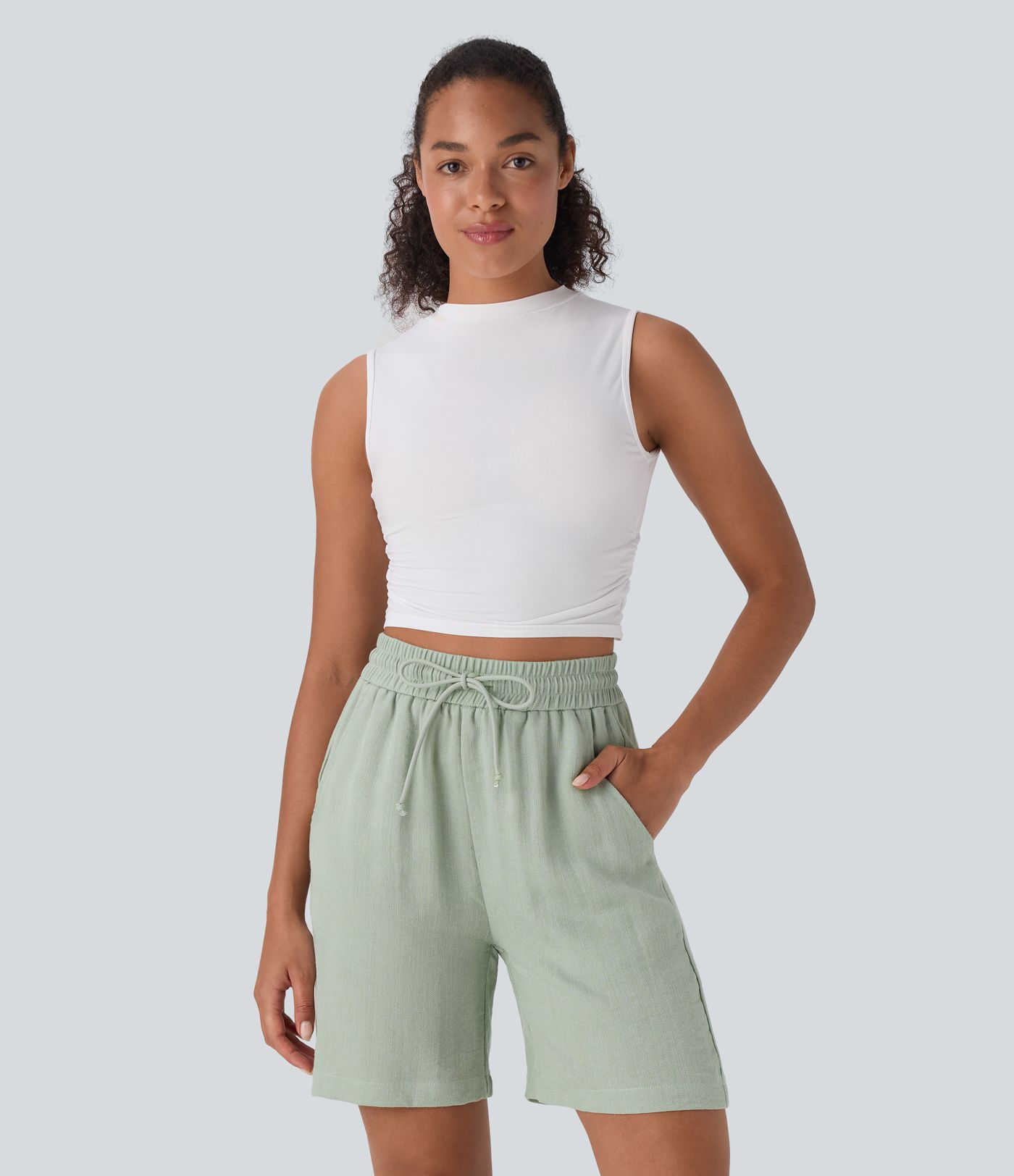 High Waisted Drawstring Casual Linen-Feel Shorts with Pockets