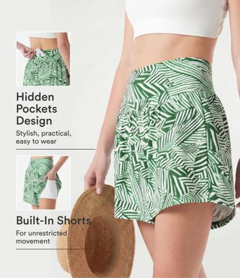 Shorts taille haute 2-en-1 à imprimé de plantes tropicales 5'' avec poches
