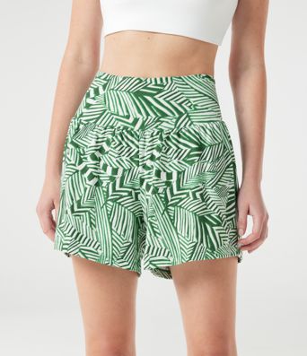 Shorts taille haute 2-en-1 à imprimé de plantes tropicales 5'' avec poches