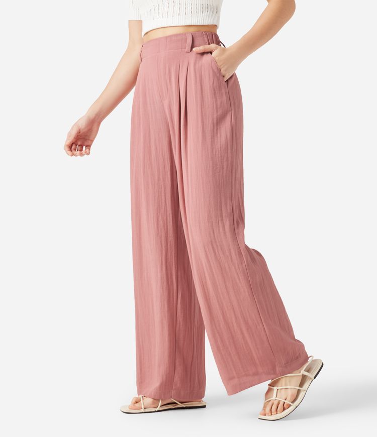 Pantalon palazzo taille haute à poches — jambe large, fluide, uni, effet lin, décontracté Pantalon palazzo taille haute à poches — jambe large, fluide, uni, effet lin, décontracté