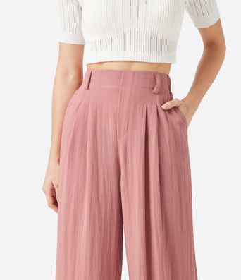 Pantalon palazzo taille haute à poches — jambe large, fluide, uni, effet lin, décontracté Pantalon palazzo taille haute à poches — jambe large, fluide, uni, effet lin, décontracté