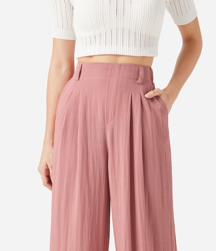 Pantalon palazzo taille haute à poches — jambe large, fluide, uni, effet lin, décontracté Pantalon palazzo taille haute à poches — jambe large, fluide, uni, effet lin, décontracté