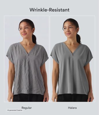 Wrinkle Recovery V-neck Short Sleeve Oversized Work Blouse Wrinkle Recovery V-neck Short Sleeve Oversized Work Blouse