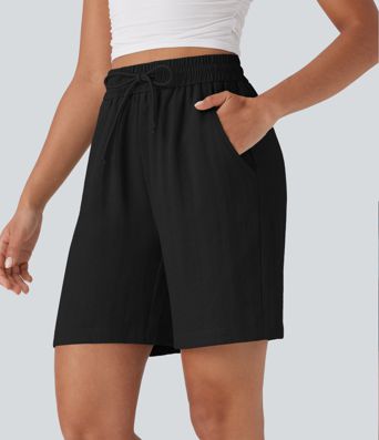 High Waisted Drawstring Women Casual Linen-Feel Shorts with Pockets High Waisted Drawstring Women Casual Linen-Feel Shorts with Pockets