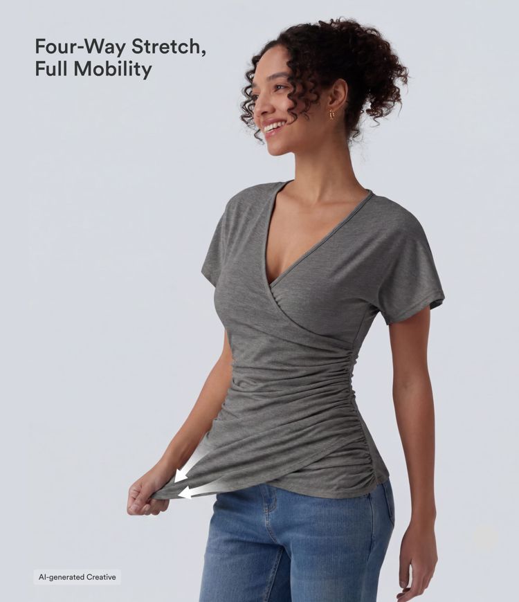 V Neck Short Sleeve Ruched Casual Top V Neck Short Sleeve Ruched Casual Top