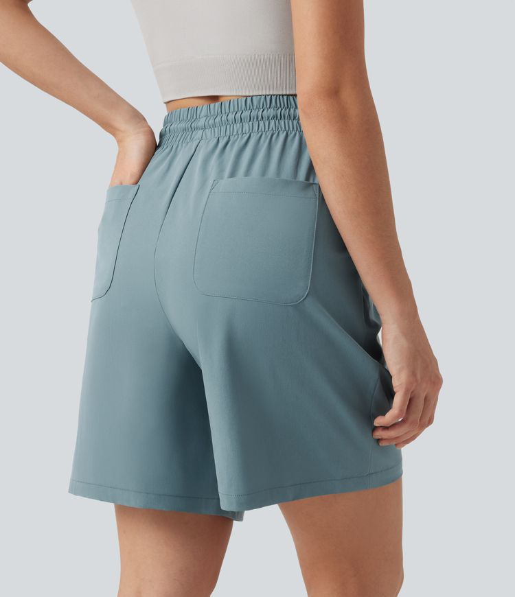 High Waisted Drawstring Bermuda Stretchy Poplin Workout Shorts 7'' with Pockets