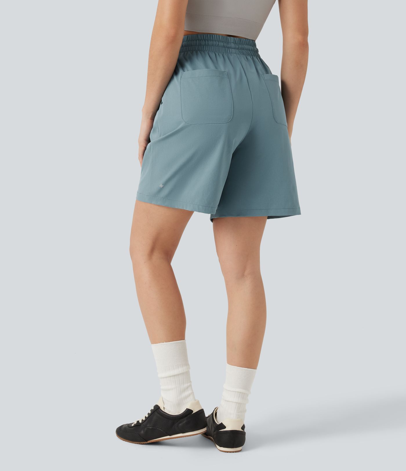 High Waisted Drawstring Bermuda Stretchy Poplin Workout Shorts 7'' with Pockets