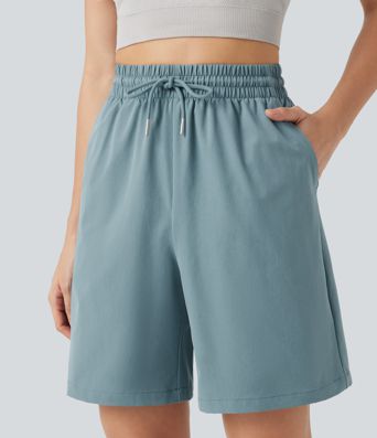 High Waisted Drawstring Bermuda Stretchy Poplin Workout Shorts 7'' with Pockets