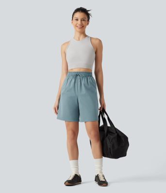 High Waisted Drawstring Bermuda Stretchy Poplin Workout Shorts 7'' with Pockets