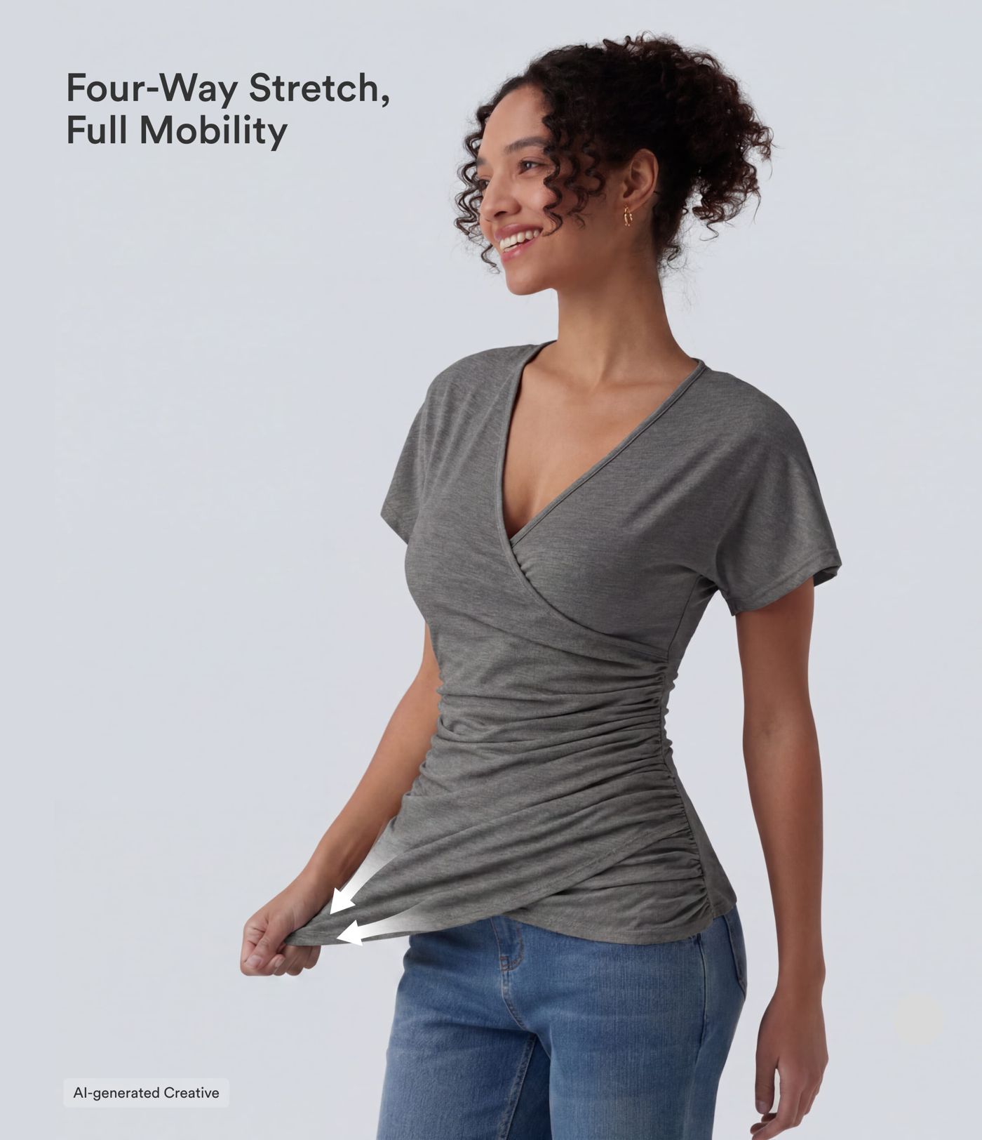 V Neck Short Sleeve Ruched Casual Top V Neck Short Sleeve Ruched Casual Top