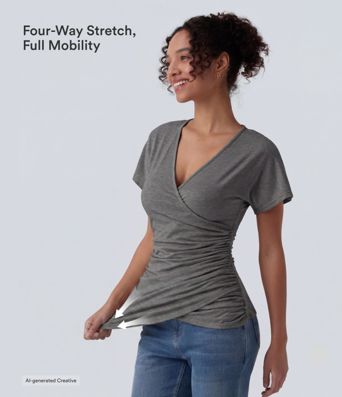 V Neck Short Sleeve Ruched Casual Top V Neck Short Sleeve Ruched Casual Top
