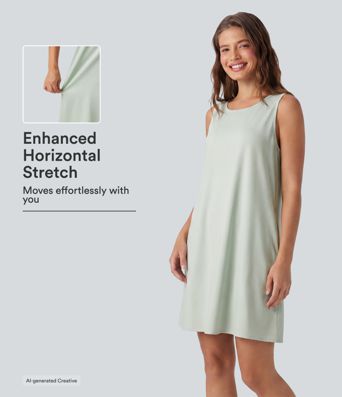 Round Neck Sleeveless Cotton Linen Mini Casual Dress with Pockets
