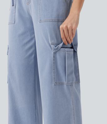Halara Flex™ - Lässige Cargo-Jeans mit mittelhohem Bund, mehreren Taschen, Kordelzug und geradem Bein