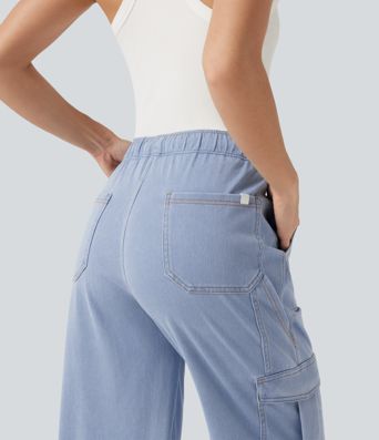 Halara Flex™ - Lässige Cargo-Jeans mit mittelhohem Bund, mehreren Taschen, Kordelzug und geradem Bein