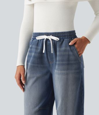 Halara Flex™ Mid Rise Drawstring Barrel Leg Casual Jeans with Pockets Halara Flex™ Mid Rise Drawstring Barrel Leg Casual Jeans with Pockets