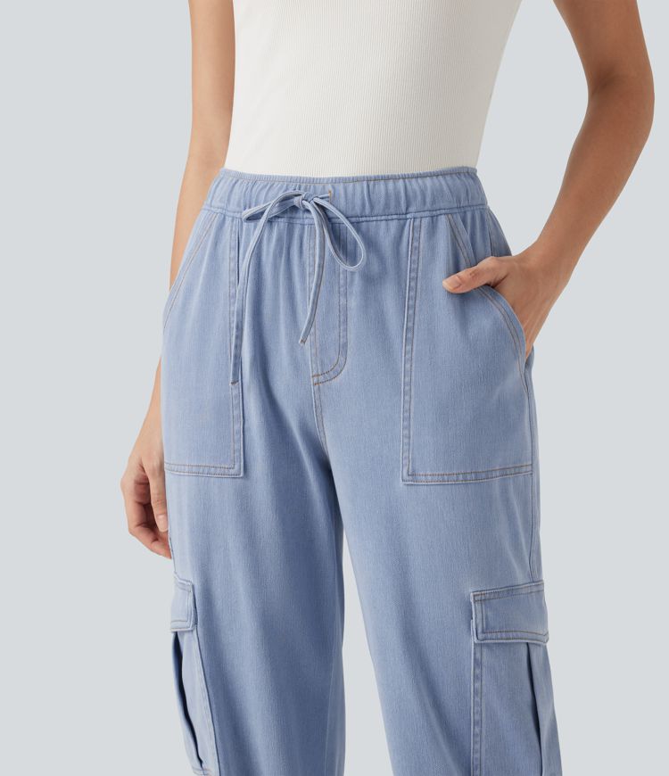 Halara Flex™ - Lässige Cargo-Jeans mit mittelhohem Bund, mehreren Taschen, Kordelzug und geradem Bein