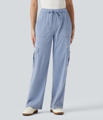 Halara Flex™ - Lässige Cargo-Jeans mit mittelhohem Bund, mehreren Taschen, Kordelzug und geradem Bein