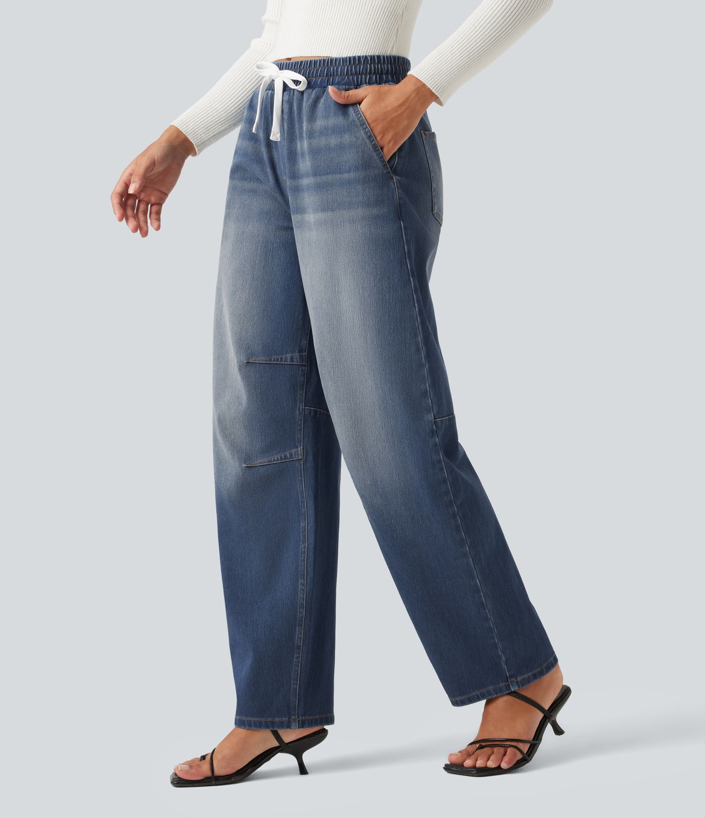 Halara Flex™ Mid Rise Drawstring Barrel Leg Casual Jeans with Pockets Halara Flex™ Mid Rise Drawstring Barrel Leg Casual Jeans with Pockets