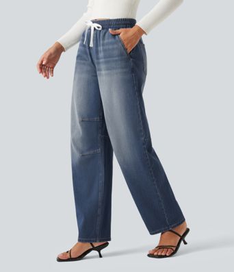 Halara Flex™ Mid Rise Drawstring Barrel Leg Casual Jeans with Pockets Halara Flex™ Mid Rise Drawstring Barrel Leg Casual Jeans with Pockets