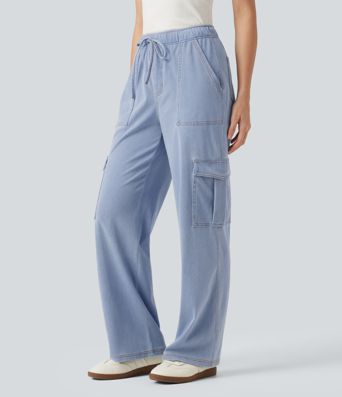 Halara Flex™ - Lässige Cargo-Jeans mit mittelhohem Bund, mehreren Taschen, Kordelzug und geradem Bein