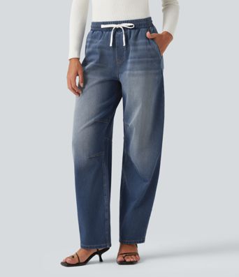 Halara Flex™ Mid Rise Drawstring Barrel Leg Casual Jeans with Pockets Halara Flex™ Mid Rise Drawstring Barrel Leg Casual Jeans with Pockets